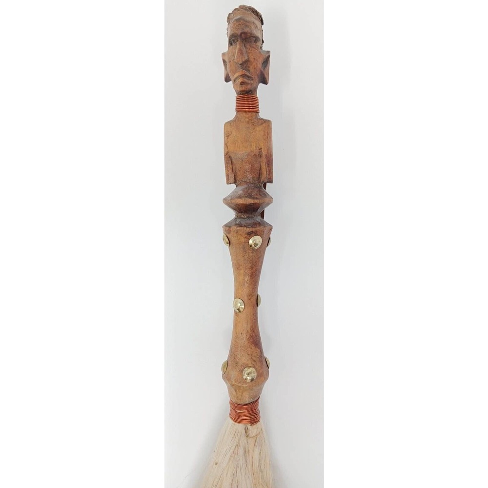 African Fly Whisk Luba Janus Carved  Ornate with Copper, Wood and Horse Hair